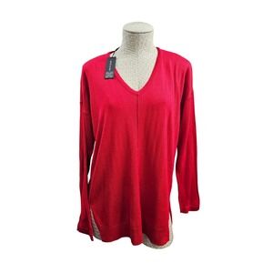 Cable & Gauge L Red V-Neck Sweater Lightweight Knit Rayon Tunic Pullover NEW NWT